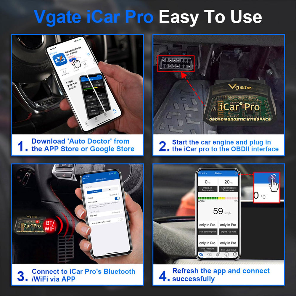 Vgate iCar Pro box and manual showing included firmware support and setup guidance