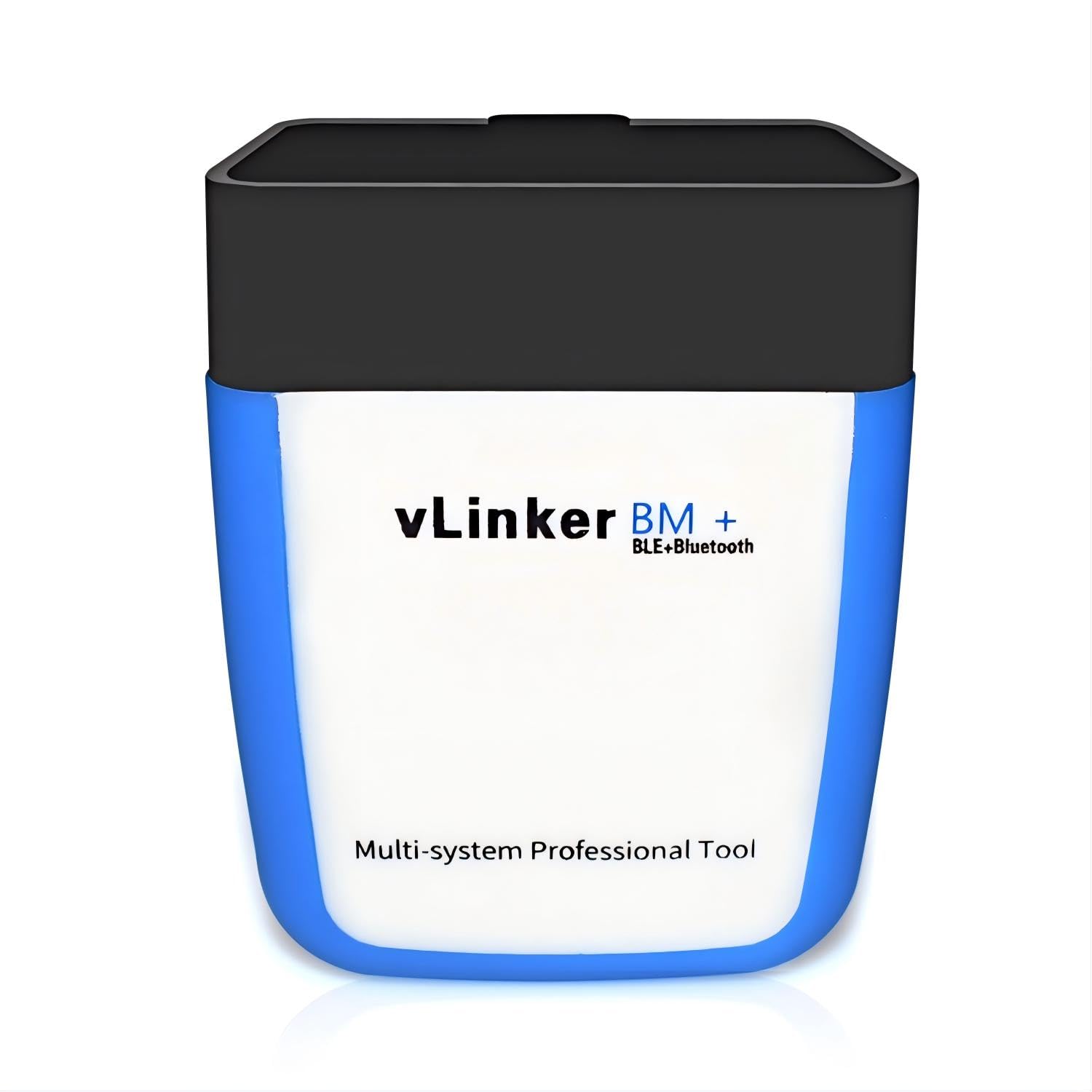 Vgate vLinker BM+ front view plugged into OBD2 port showing compact design and convenience