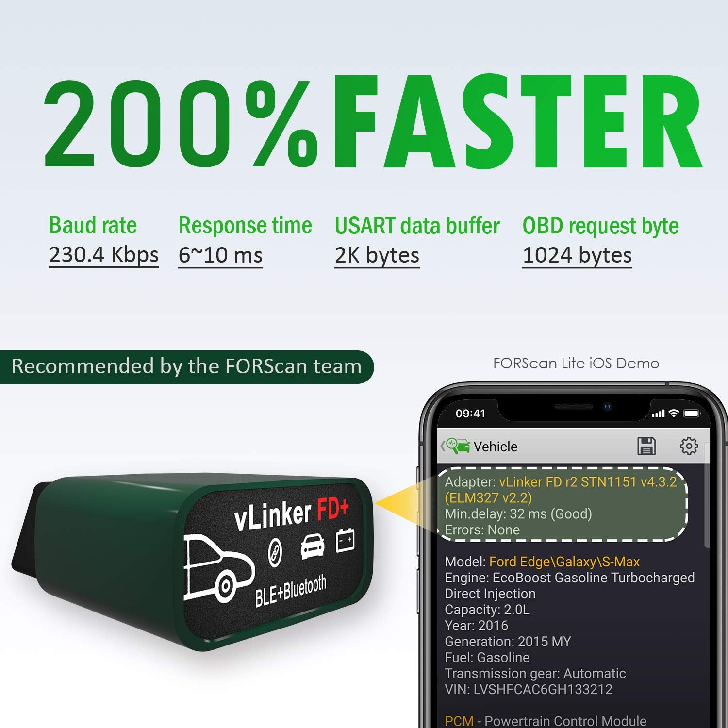 Vgate vLinker FD Plus plugged into car OBD-II port demonstrating easy diagnostics