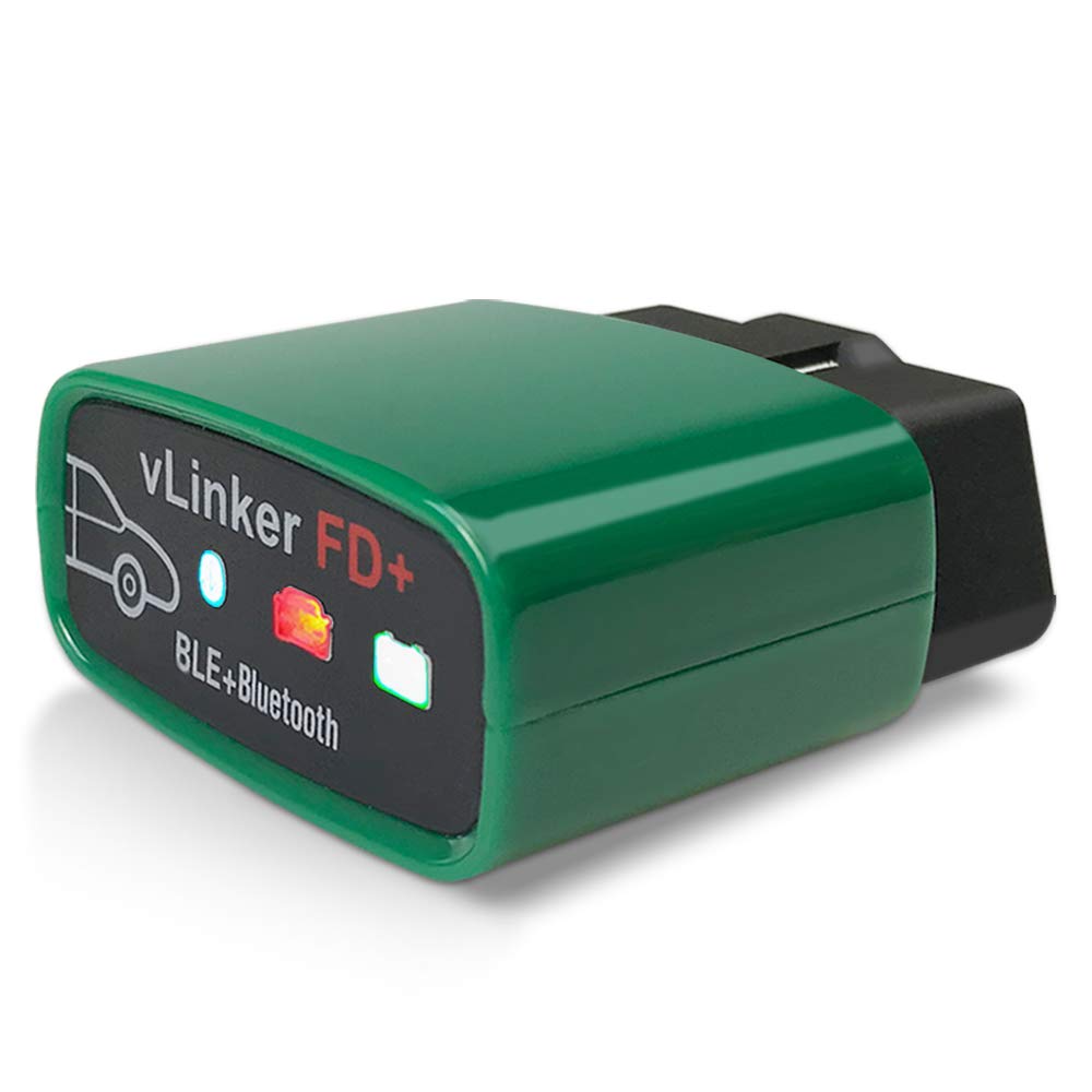 Vgate vLinker FD+ front view showing compact OBD2 plug and brand for easy diagnostics
