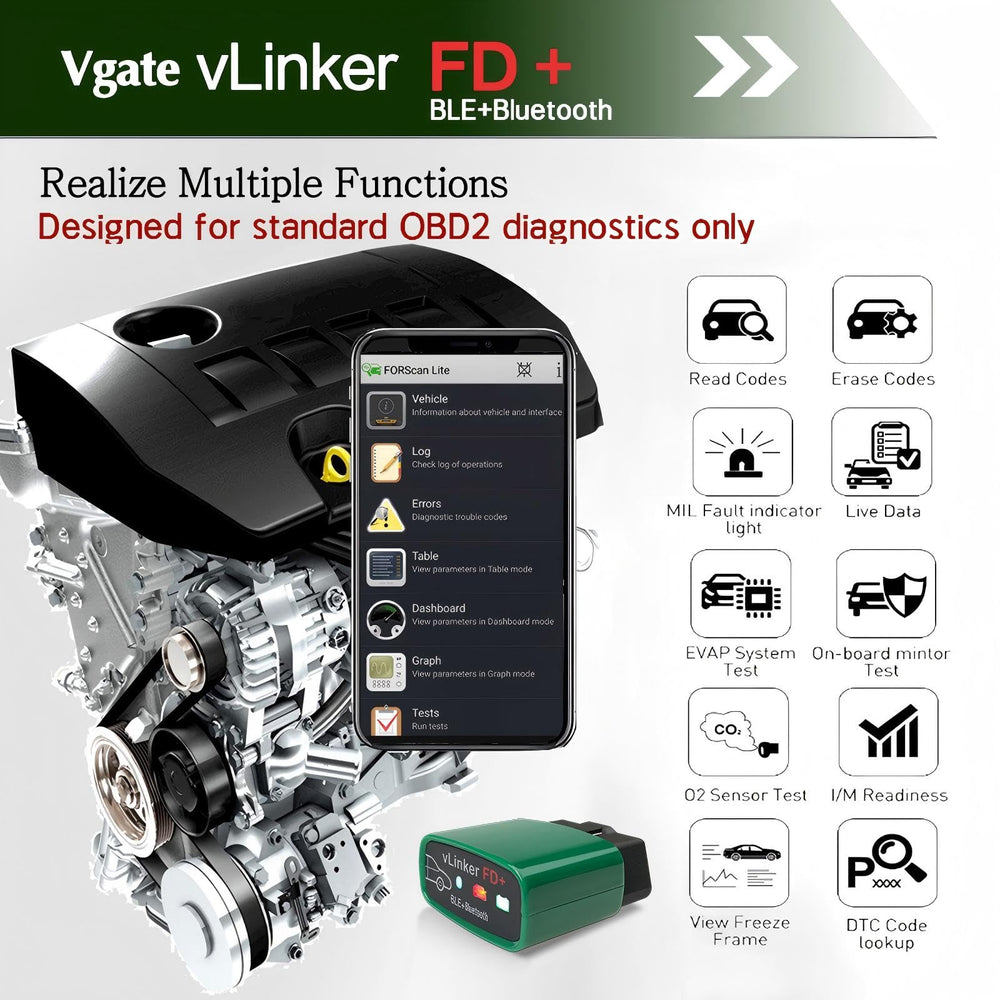 Vgate vLinker FD+ next to a credit card showing compact size and pocketable convenience