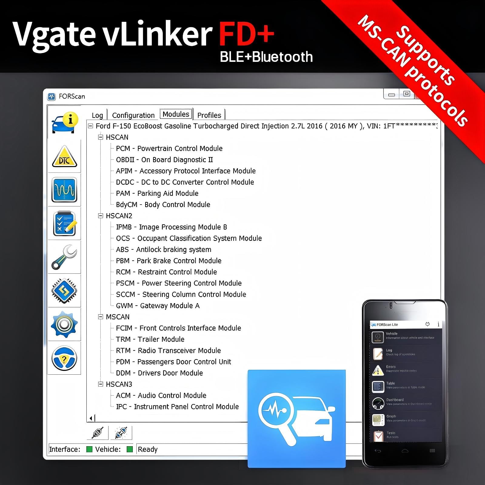 Vgate vLinker FD+ plugged into car OBD2 port demonstrating hands-free vehicle diagnostics