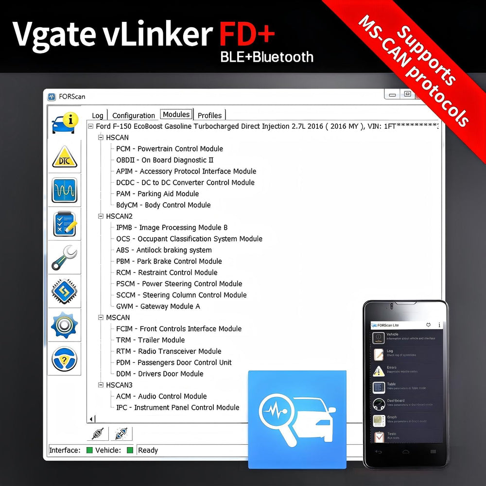 Vgate vLinker FD+ plugged into car OBD2 port demonstrating hands-free vehicle diagnostics