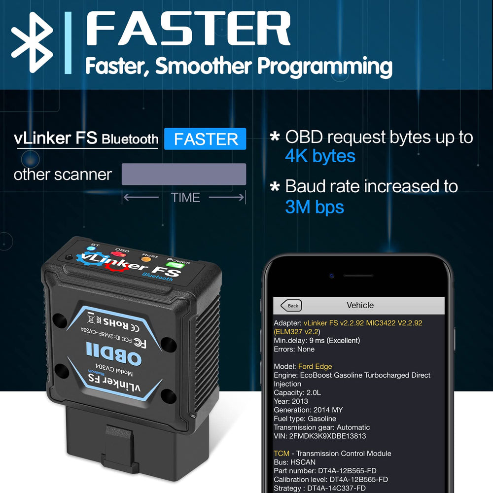 Vgate vLinker FS gold-plated OBD pins closeup for improved conductivity and reliability