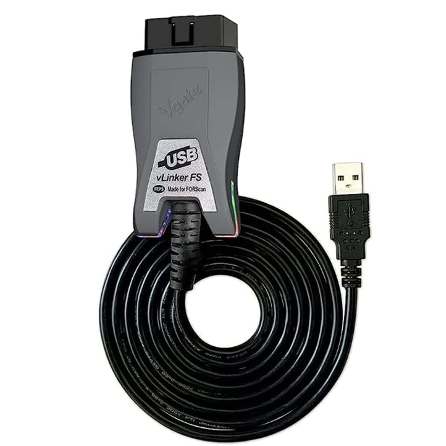 Vgate vLinker FS front connector showing OBD2 plug and robust housing for reliable diagnostics