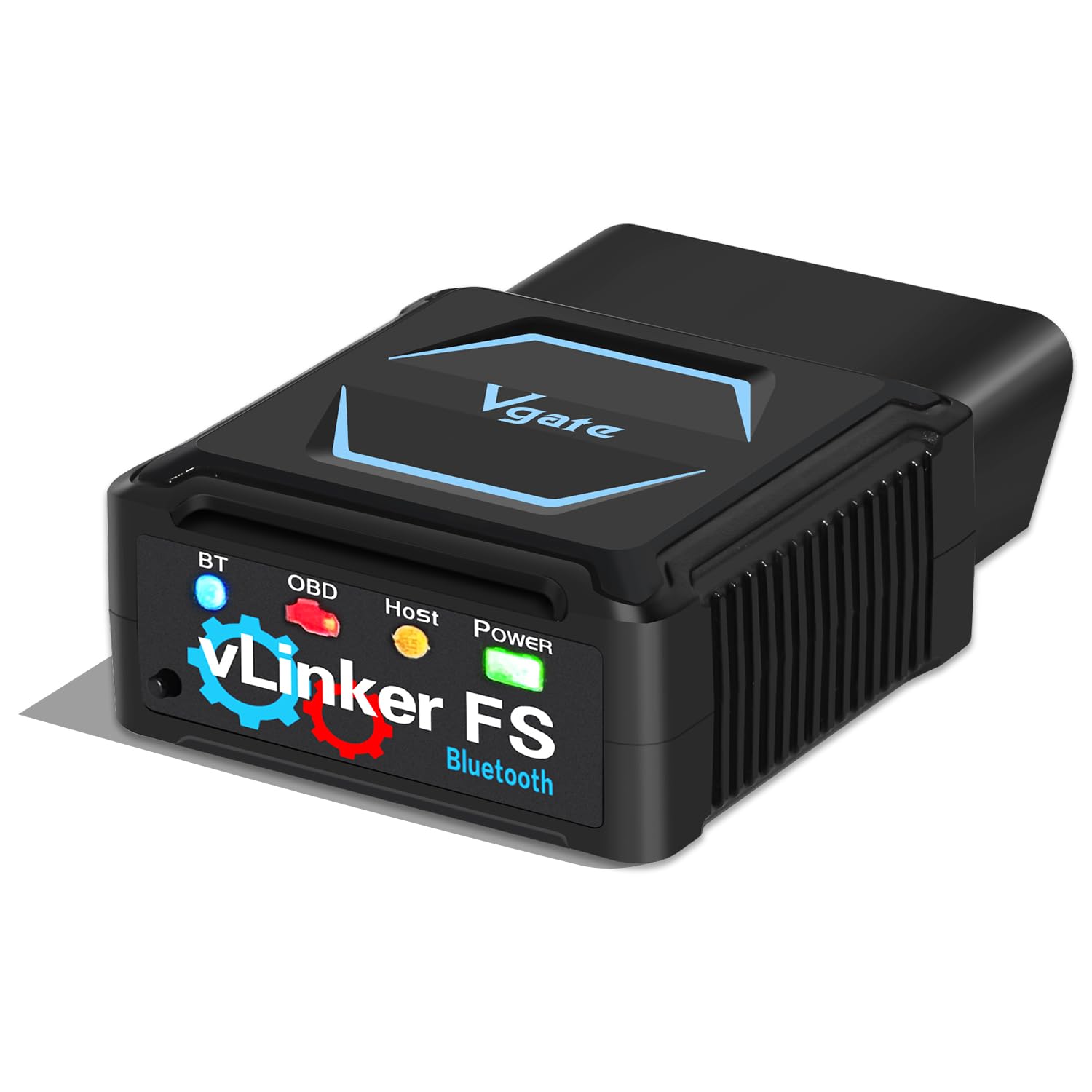 Vgate vLinker FS front view showing compact Bluetooth OBD2 adapter and secure fit