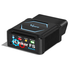 Vgate vLinker FS front view showing compact Bluetooth OBD2 adapter and secure fit