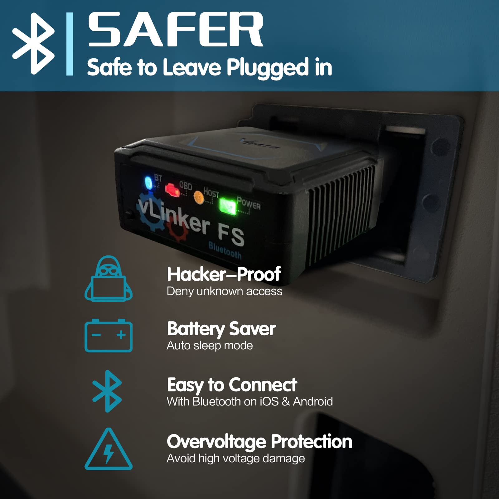 Vgate vLinker FS plugged into car OBD port demonstrating quick vehicle diagnostics
