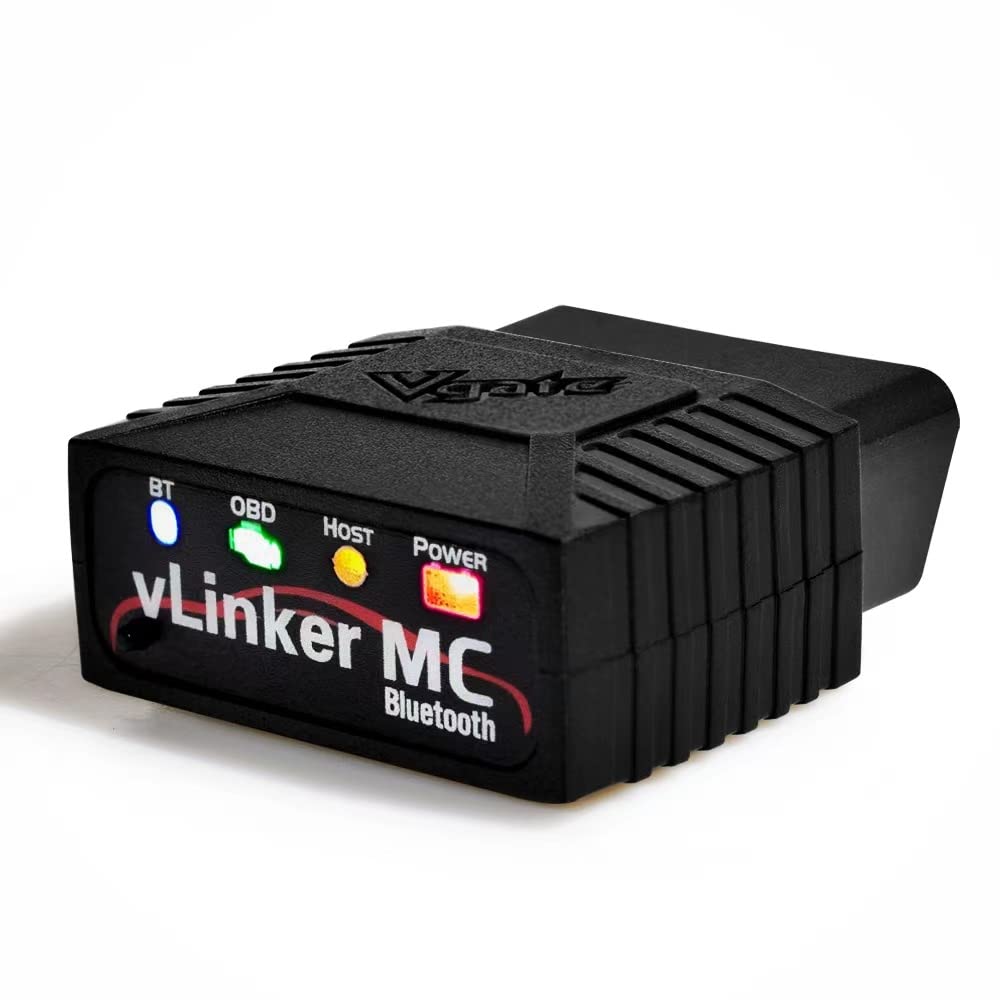 Vgate vLinker MC front view showing compact Bluetooth OBD2 adapter and port access