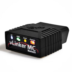 Vgate vLinker MC front view showing compact Bluetooth OBD2 adapter and port access