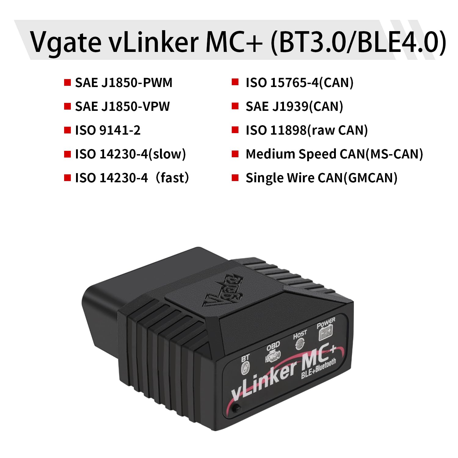 Vgate vLinker MC+ LED status lights indicating connection and power saving feature