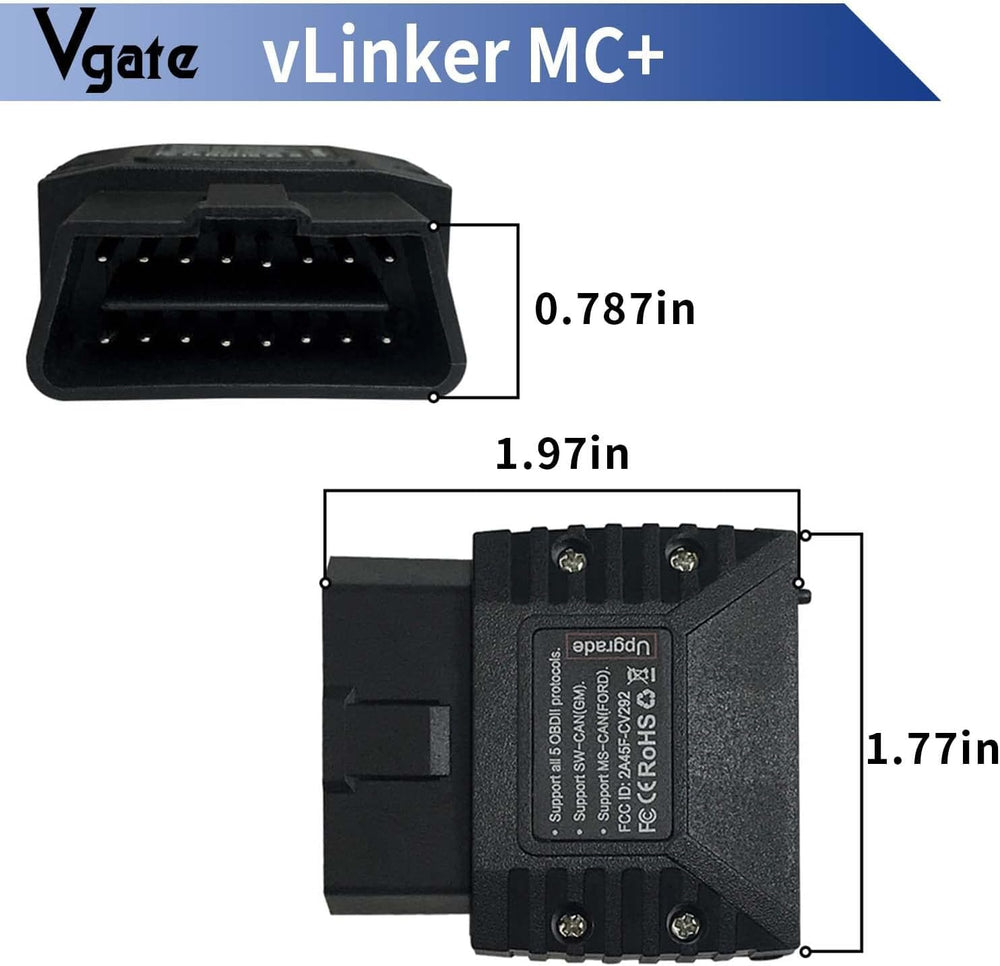 Vgate vLinker MC+ closeup of OBD plug for secure car connection and reliability