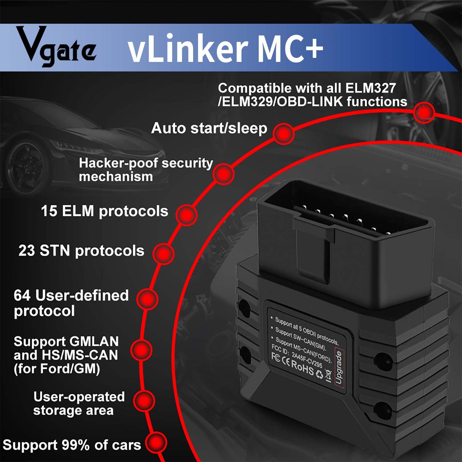 Vgate vLinker MC+ next to car key showing compact size and easy storage advantage