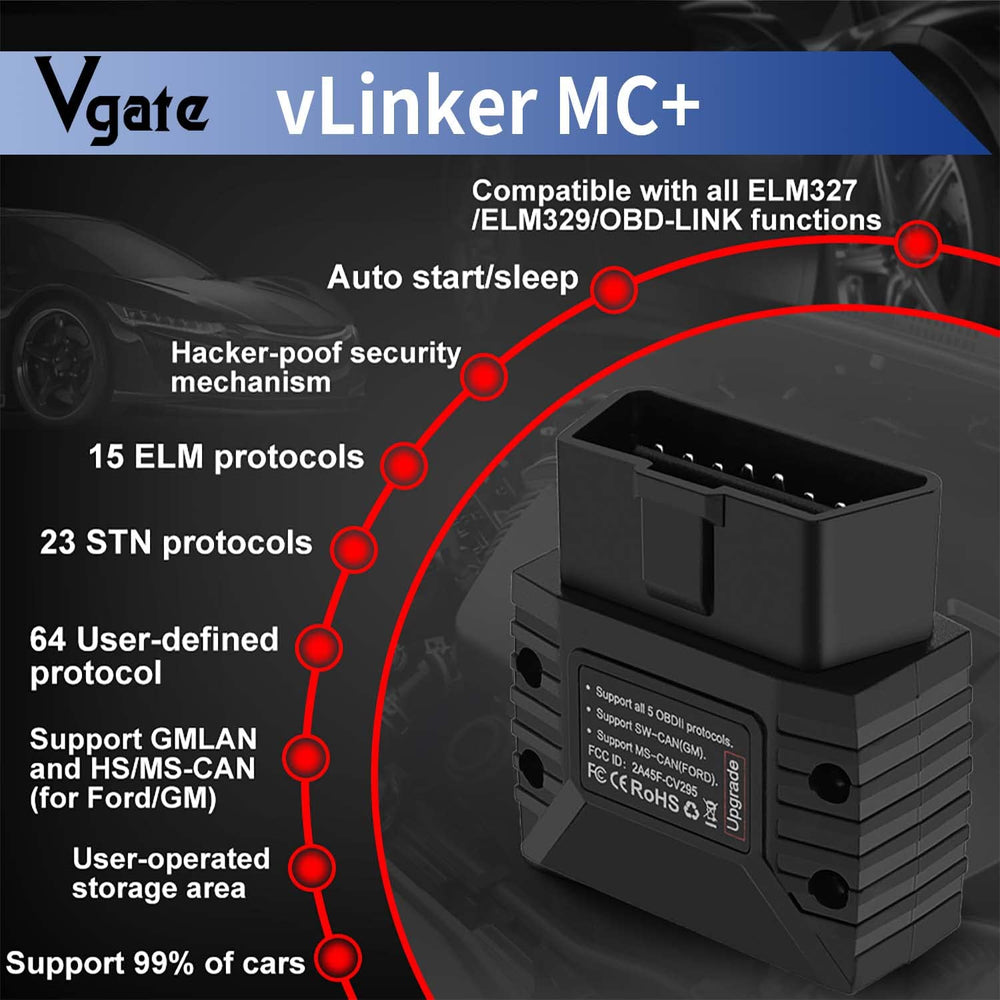 Vgate vLinker MC+ next to car key showing compact size and easy storage advantage