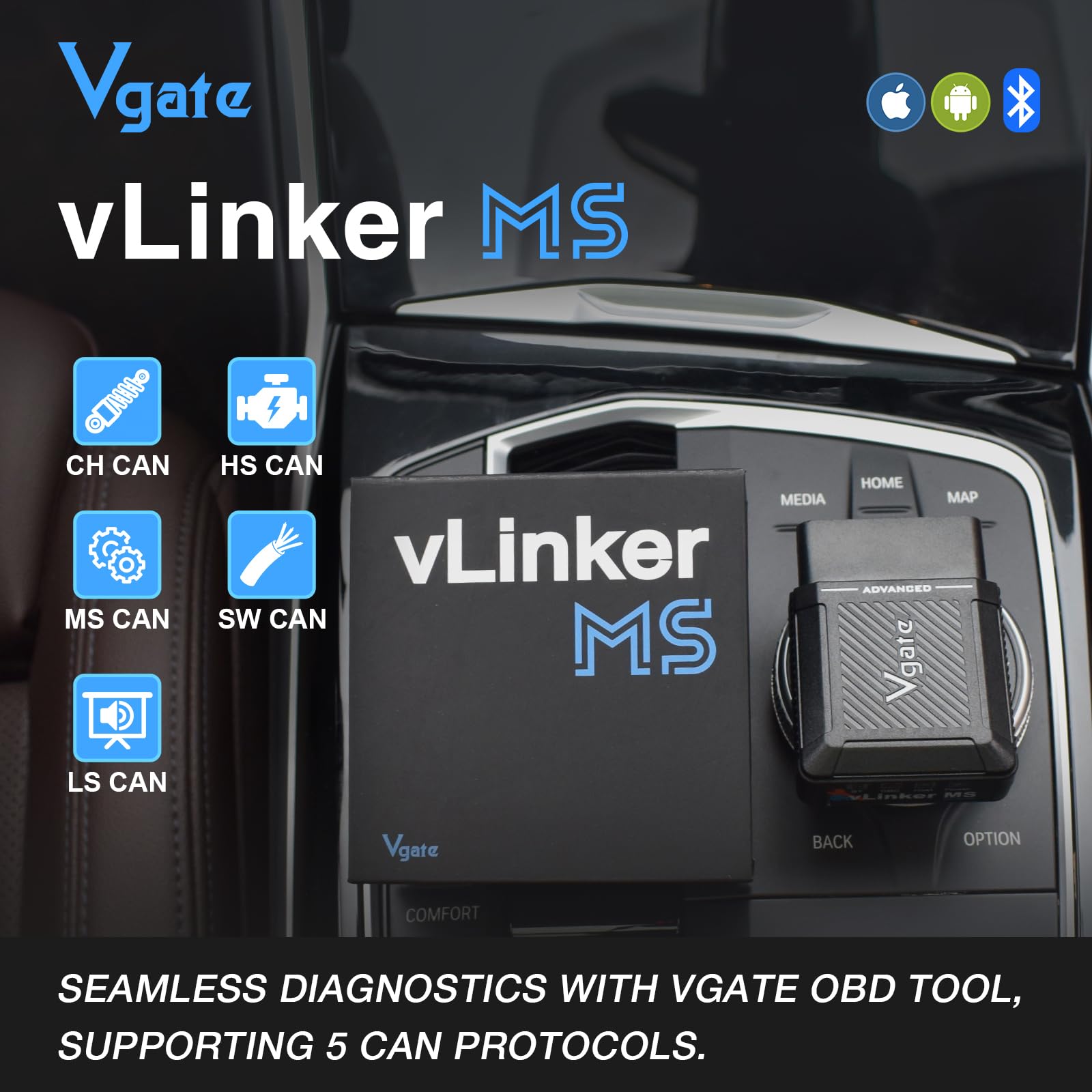 Vgate vLinker MS packaging and label highlighting multi-CAN support and 24V compatibility