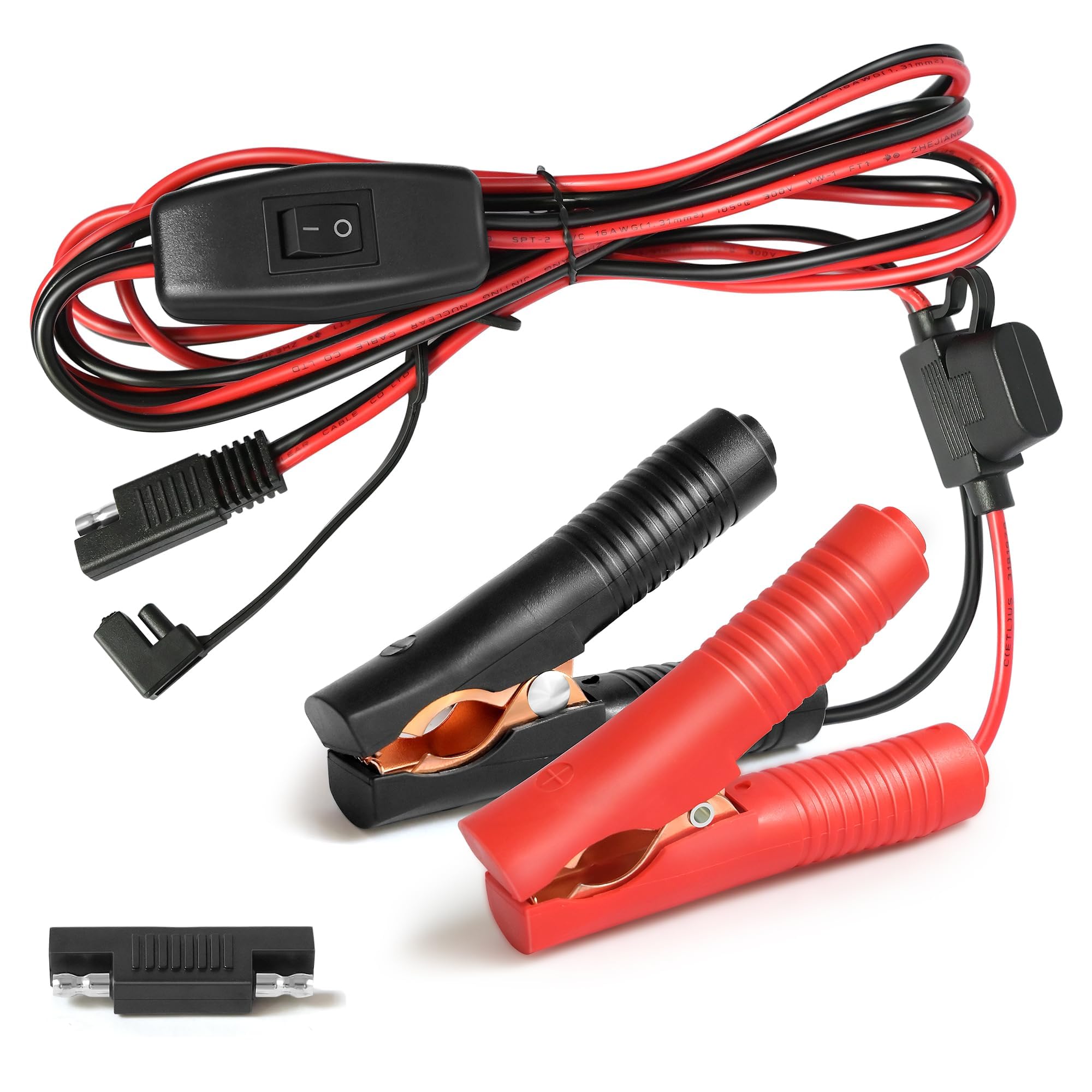 vgoviwin front view of harness showing SAE plug and alligator clips for easy power hookups