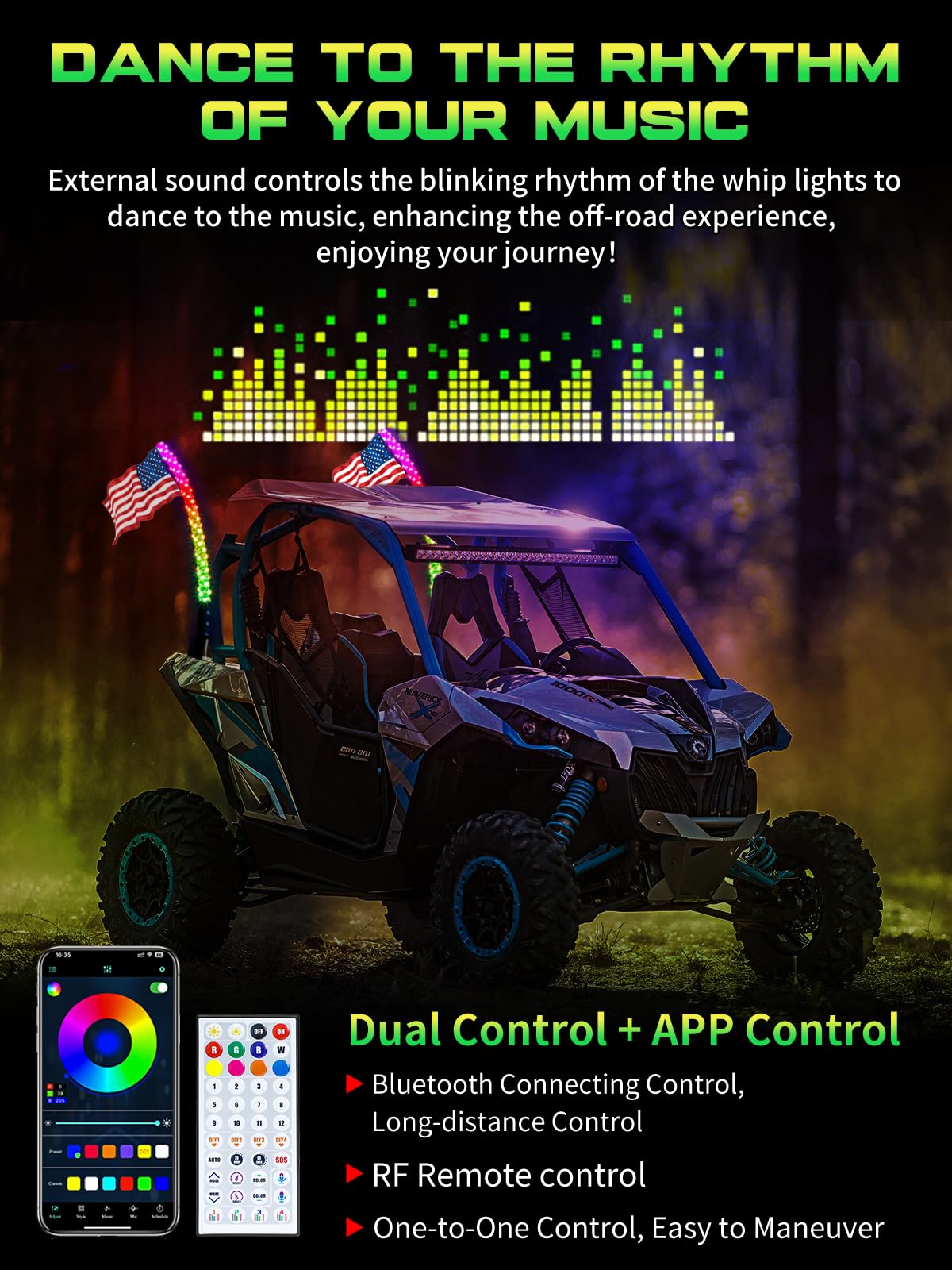 VI9000 app on phone display showing color controls and music sync feature