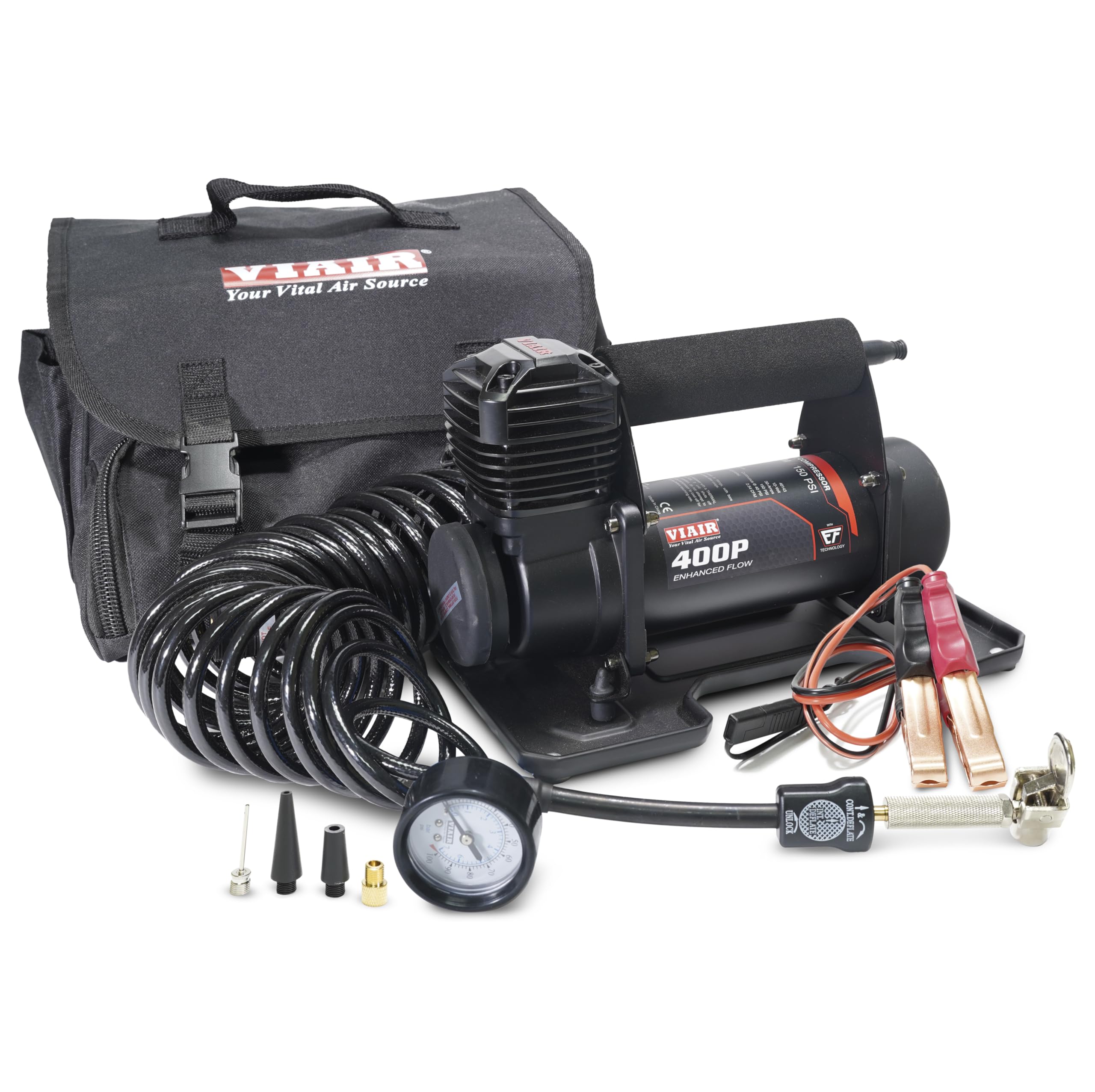 VIAIR 400P EF front view showing compact compressor and durable casing benefit quick storage