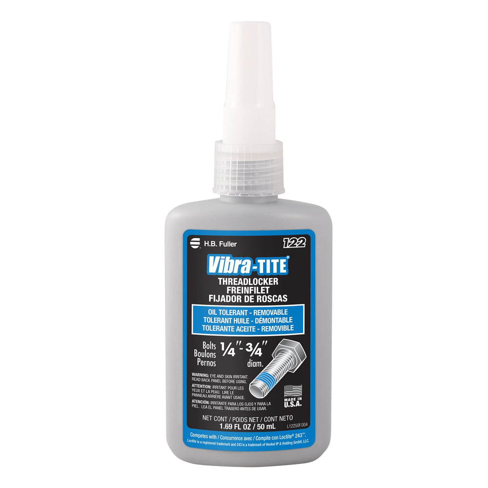 Vibra-TITE 12250 bottle front view showing label and easy-apply nozzle for secure application