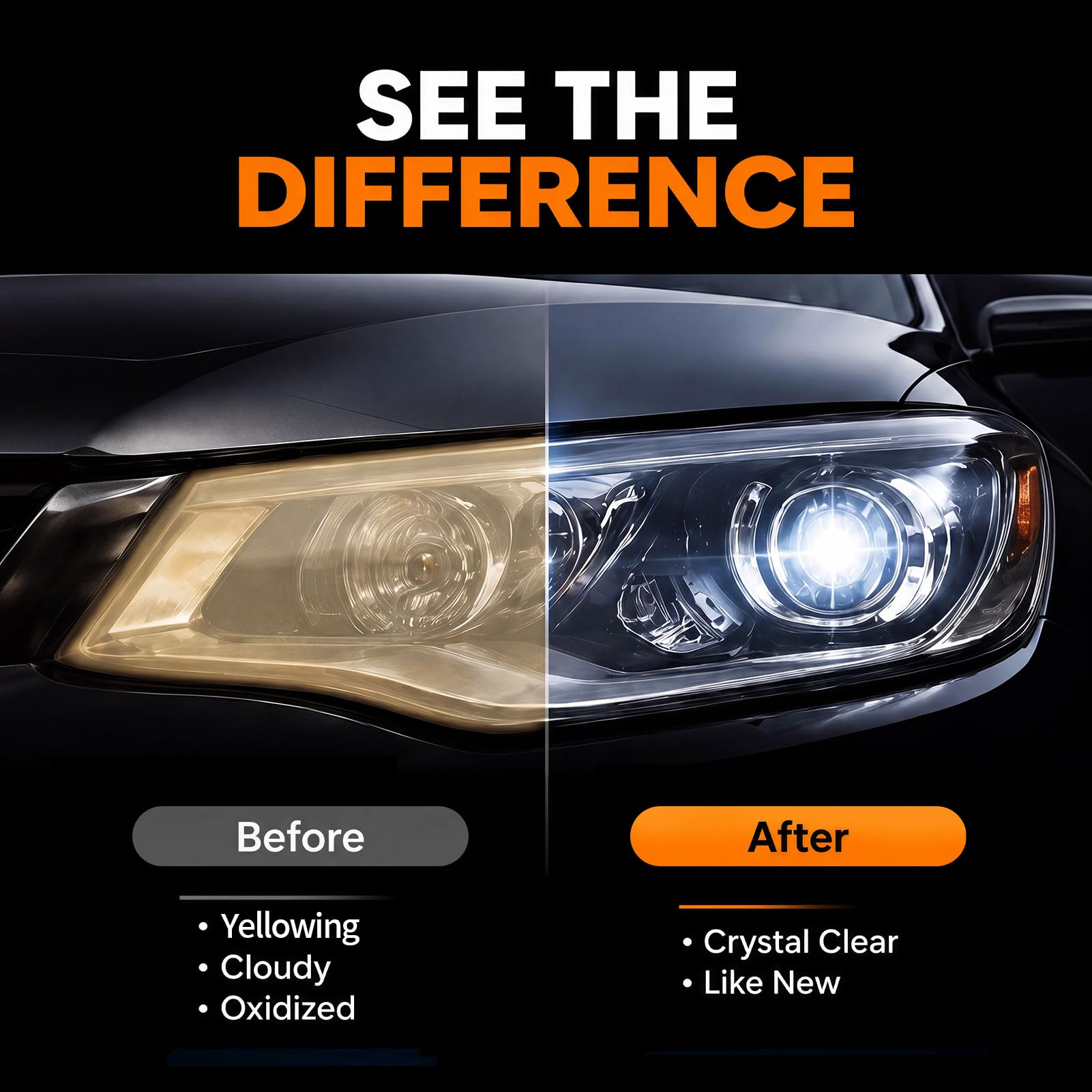 VIBRATITE before and after headlight shot demonstrating improved clarity