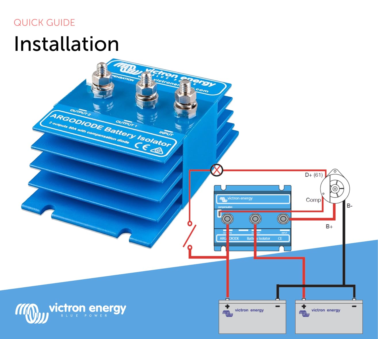 Victron Energy ArgoDiode beside a standard battery for size comparison and easy system planning