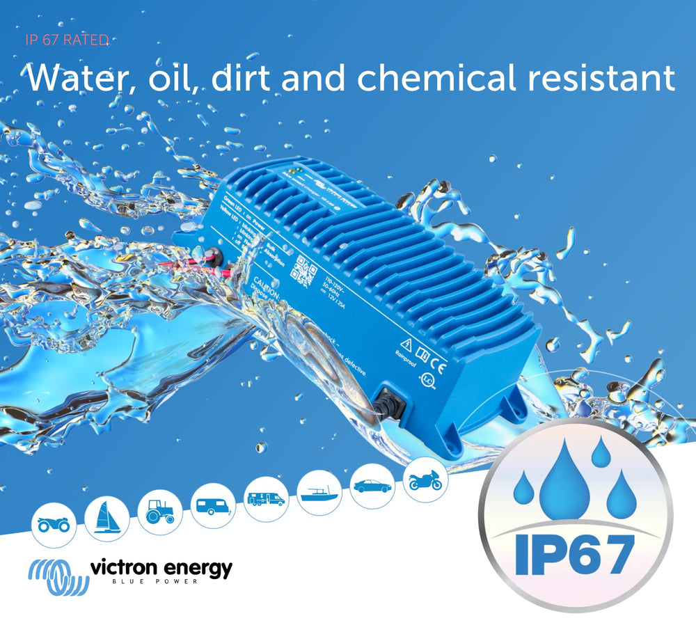 Victron Energy charger mounted on boat demonstrating marine suitability and splash resistance