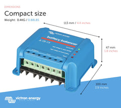 Victron Energy battery balancer mounted on a boat battery bank demonstrating controlled equalization benefit