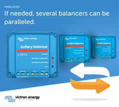 Victron Energy battery balancer beside a ruler showing compact size for easy mounting benefit
