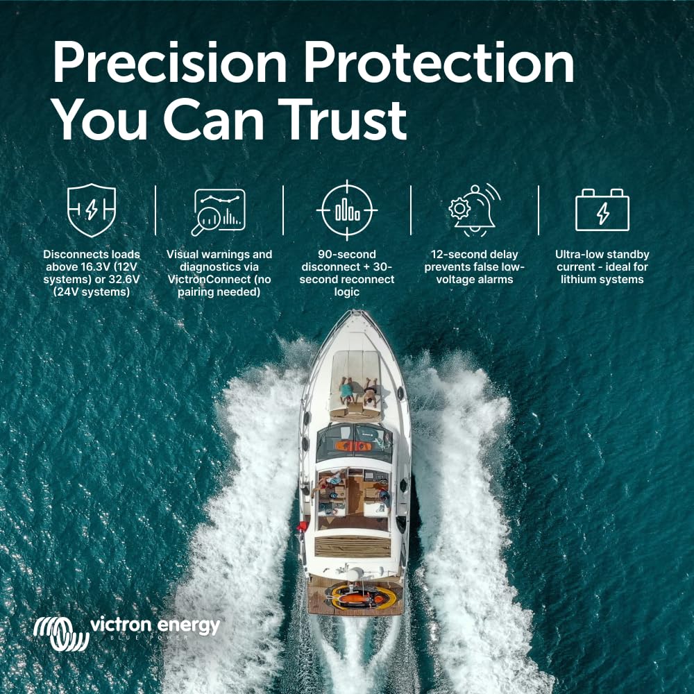 Victron Energy mounted on boat battery bank protecting auxiliary circuits and preserving starter power
