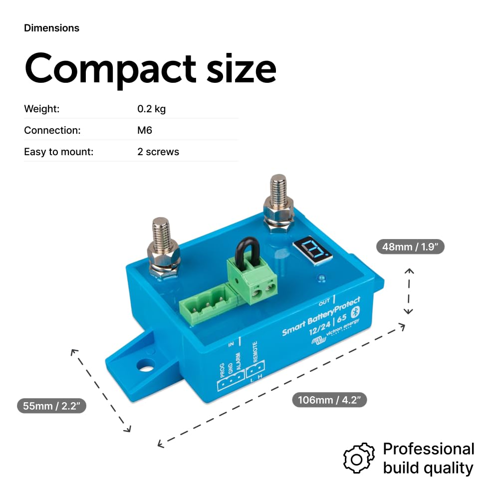 Victron Energy held in hand to show size and scale, helping choose mounting location and space planning