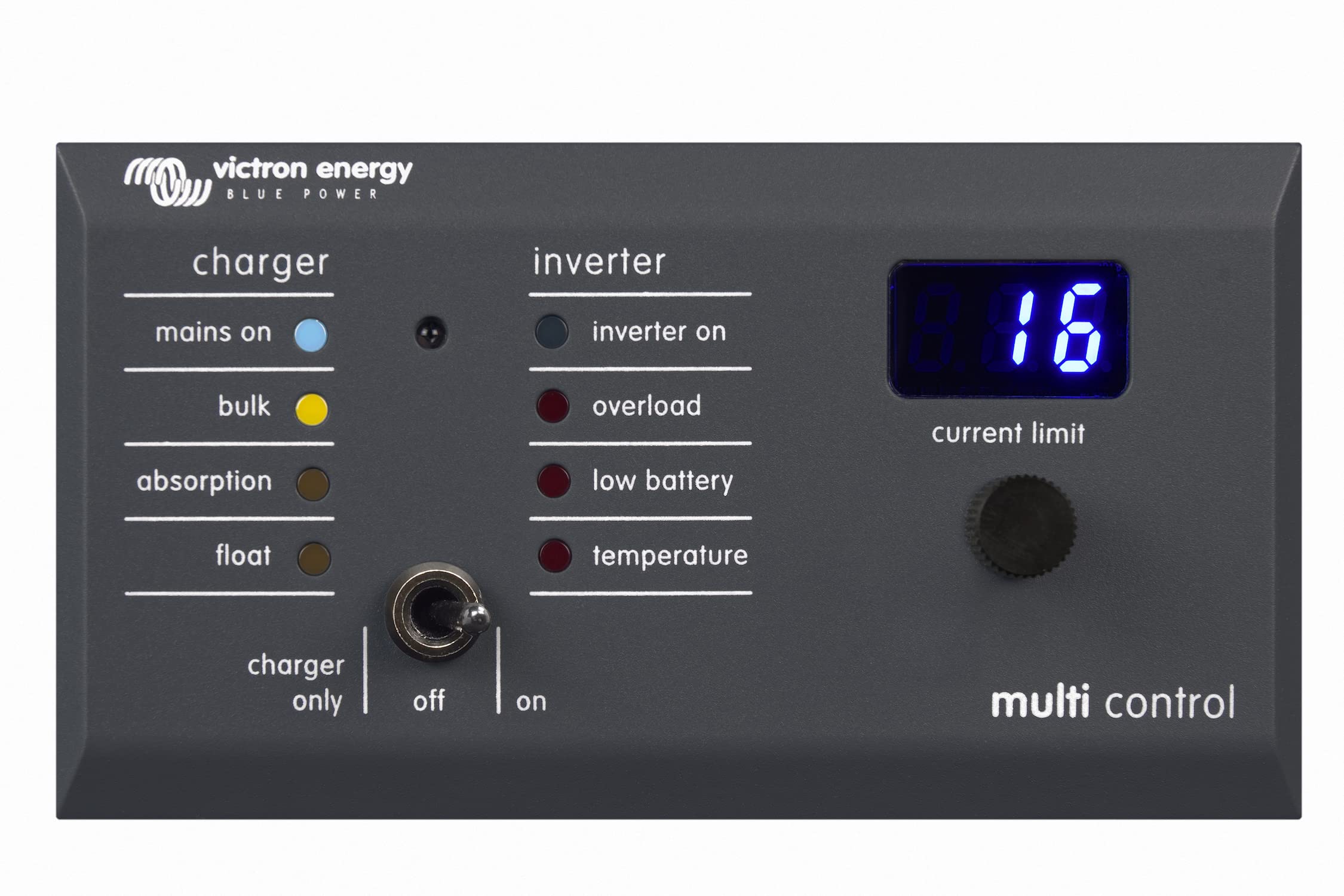 Victron Energy front view of digital multi control panel GX showing display and quick overview