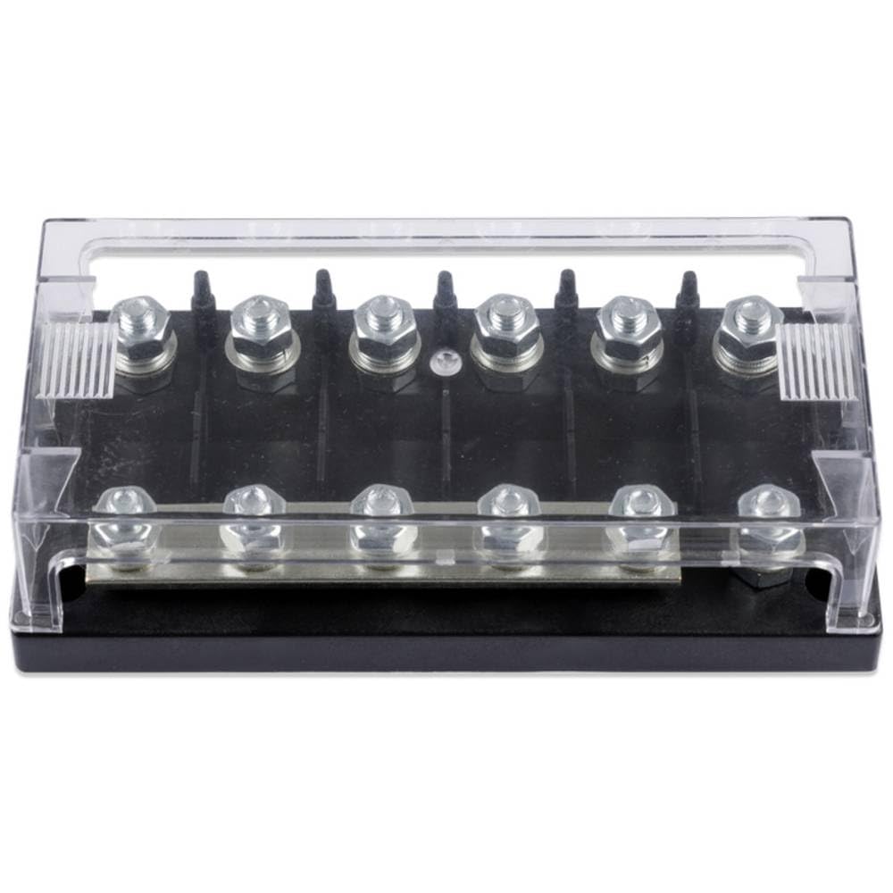 Victron Energy front view of 6-way MEGA fuse holder showing organized connections and easier maintenance