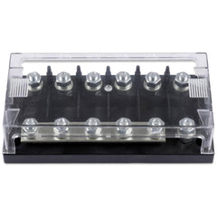 Victron Energy front view of 6-way MEGA fuse holder showing organized connections and easier maintenance
