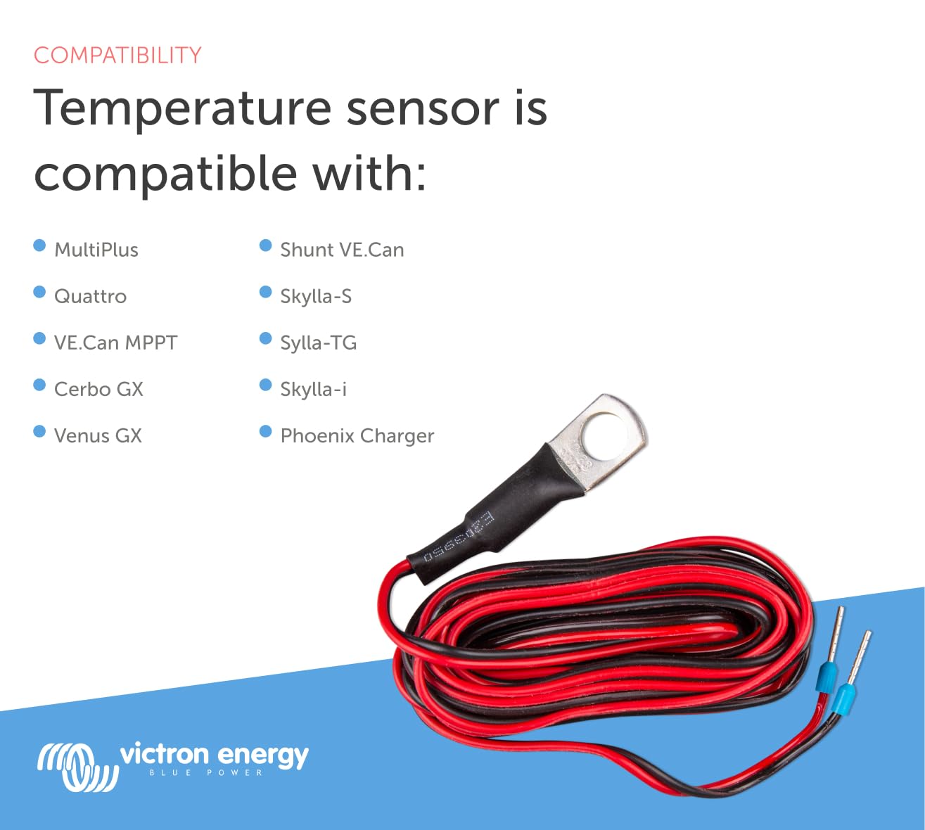 Victron Energy sensor mounted on battery bank in inverter cabinet, improving temperature-based charging