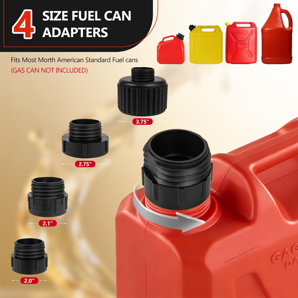 VierKate intake hose with four adapters demonstrating universal gas‑can fit benefit