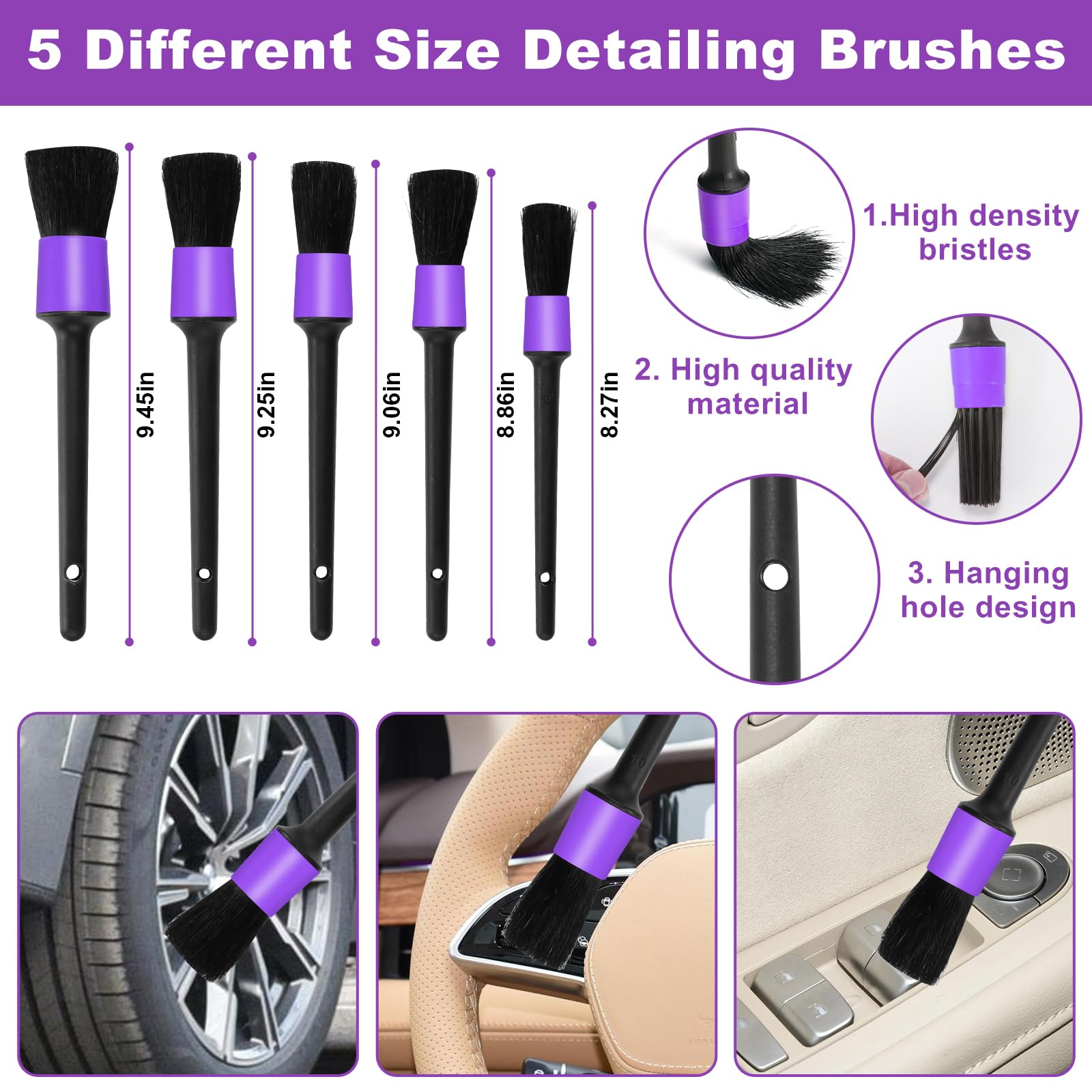 Viewsun detailing brush set various sizes to clean vents and crevices