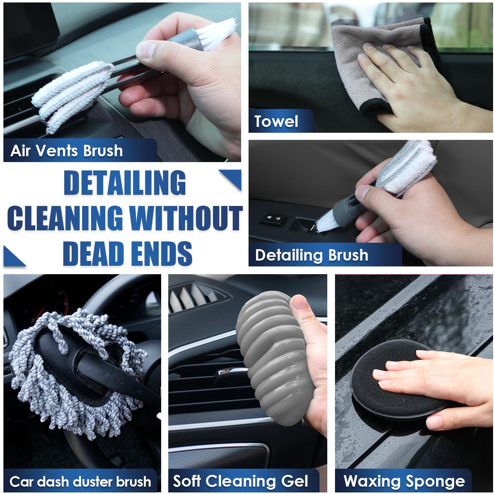 Viewsun detailing brushes laid out for precise interior cleaning of vents and seams benefit