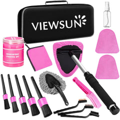 Viewsun front of kit showing all 17 pink interior cleaning tools and bag for quick organization
