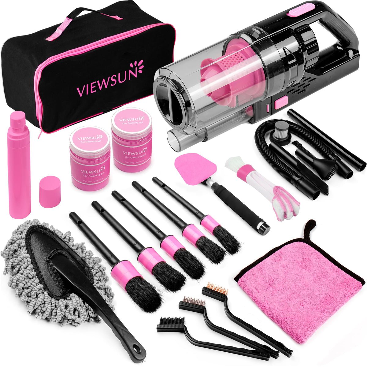 Viewsun front packaging showing full 17pc pink kit and organized tools