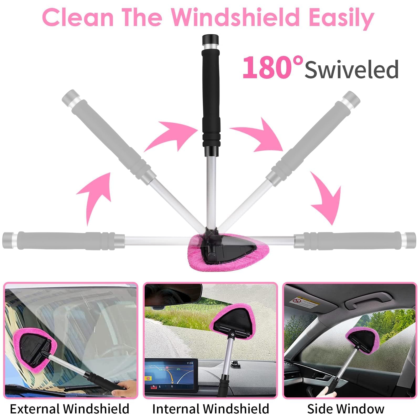 Viewsun windshield cleaner close-up showing extendable handle and 180-degree swivel head for streak-free glass