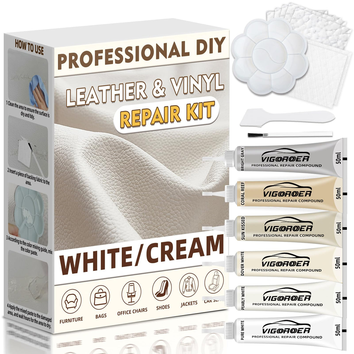 Vigorder front kit packaging showing contents and repair benefits
