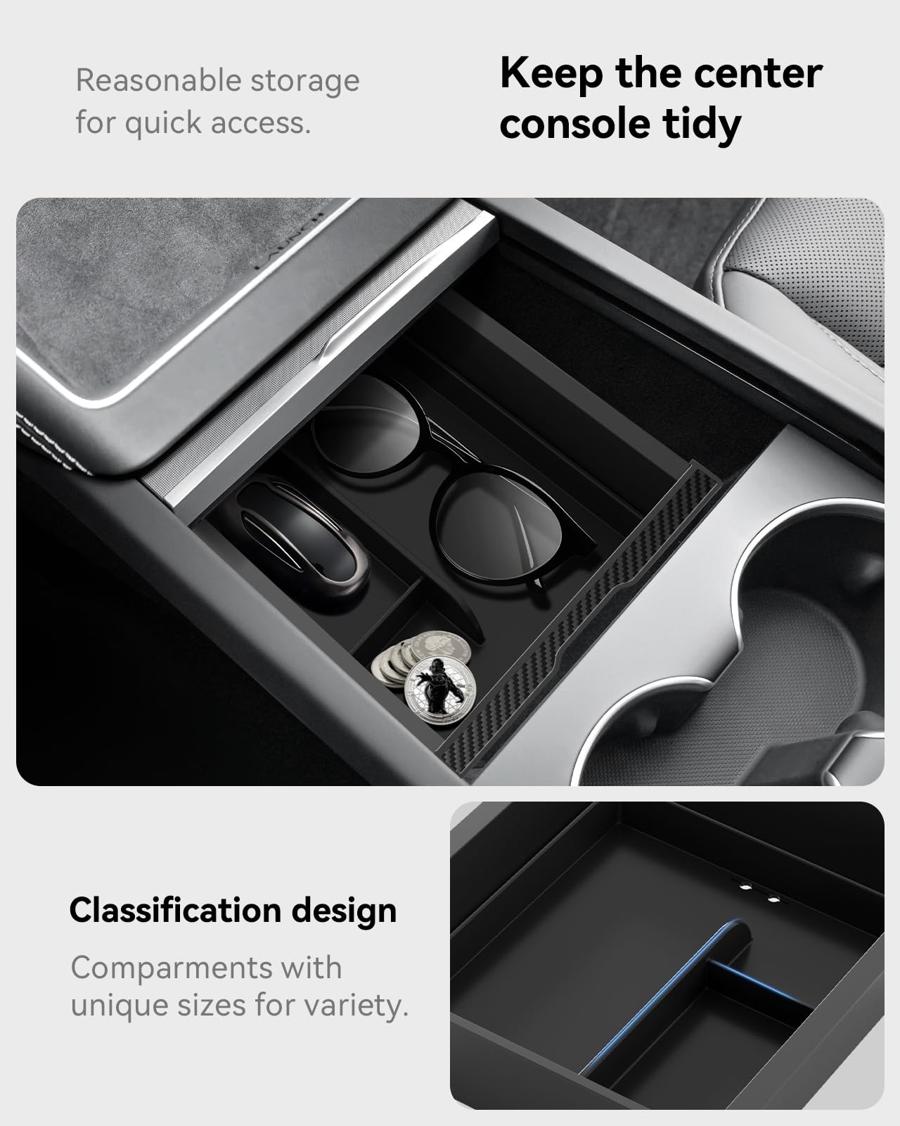 VIHIMAI installed in Tesla Model Y Juniper center console showing tidy organization