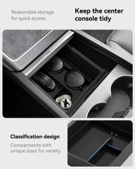 VIHIMAI installed in Tesla Model Y Juniper center console showing tidy organization