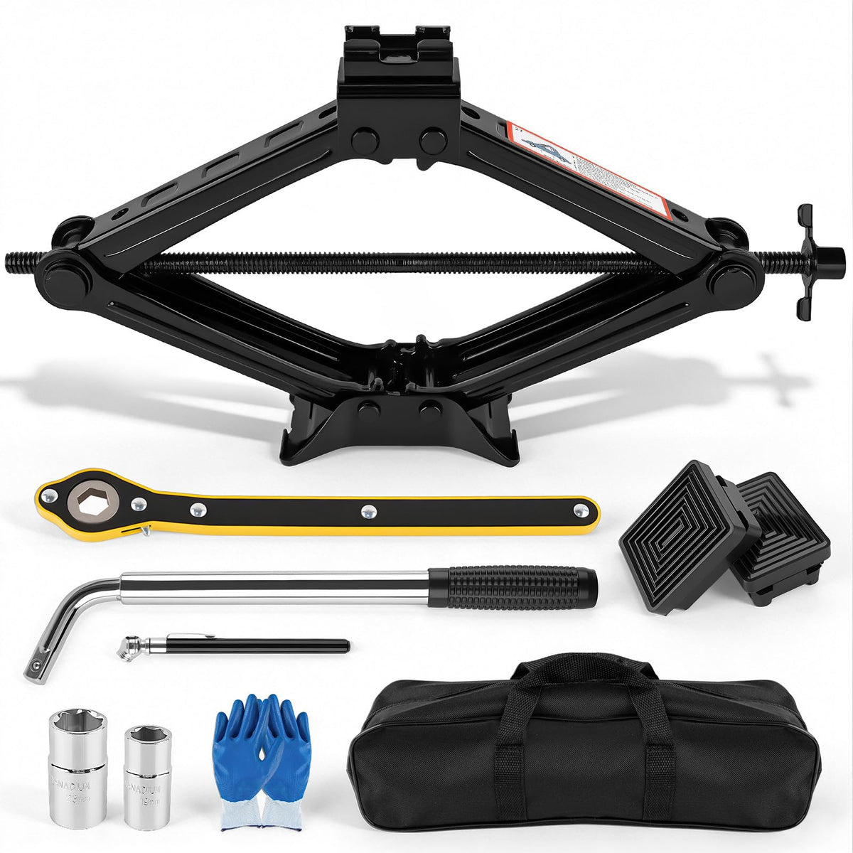 Viibrra scissor jack front view showing compact design and load capacity