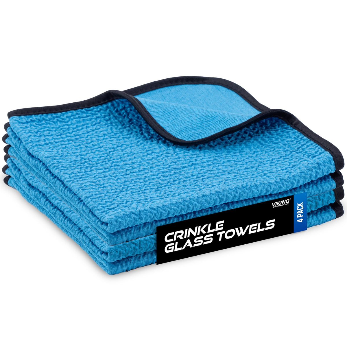 VIKING 4-pack front view showing packaging and blue towels, durable and ready