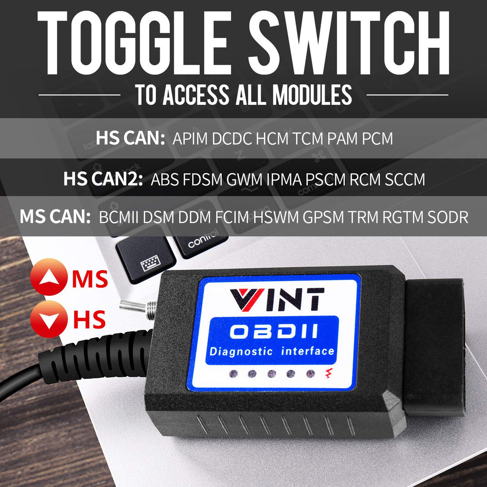VINTscan adapter plugged into Ford OBD port showing fast diagnostic access