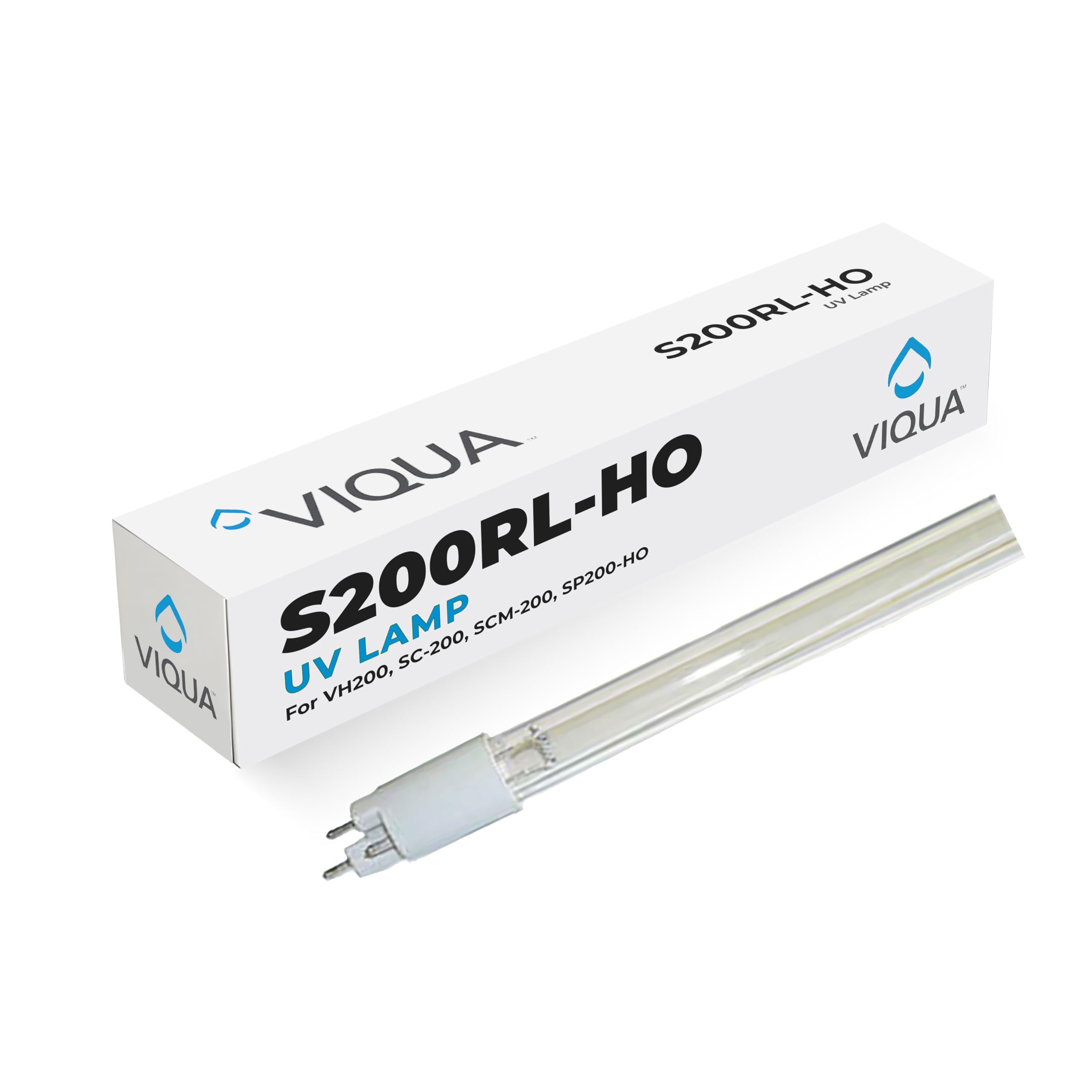 Viqua front view of replacement lamp showing full-length bulb and label for correct fit