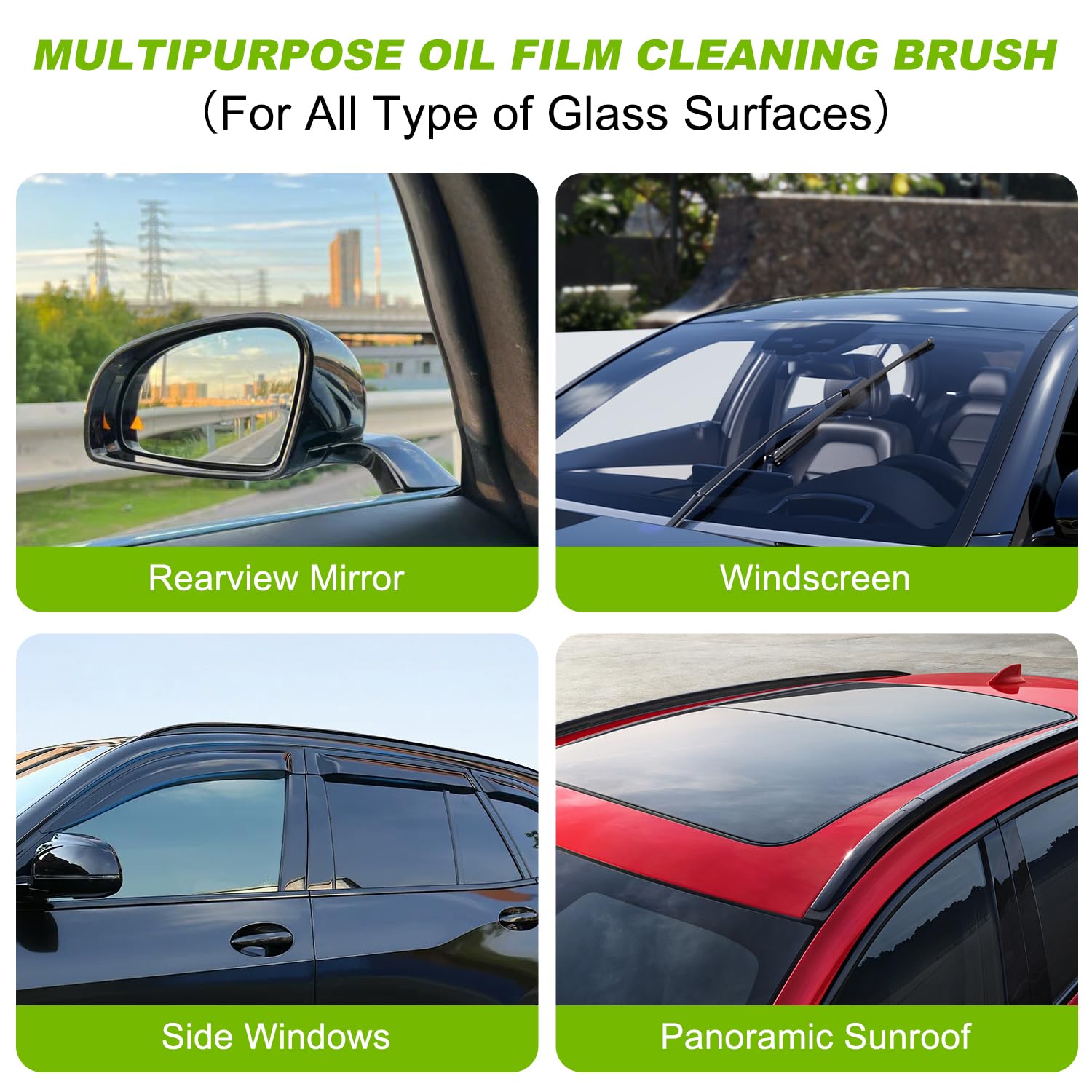 Viuvoiul in use on windshield demonstrating quick removal of oily film for safer driving