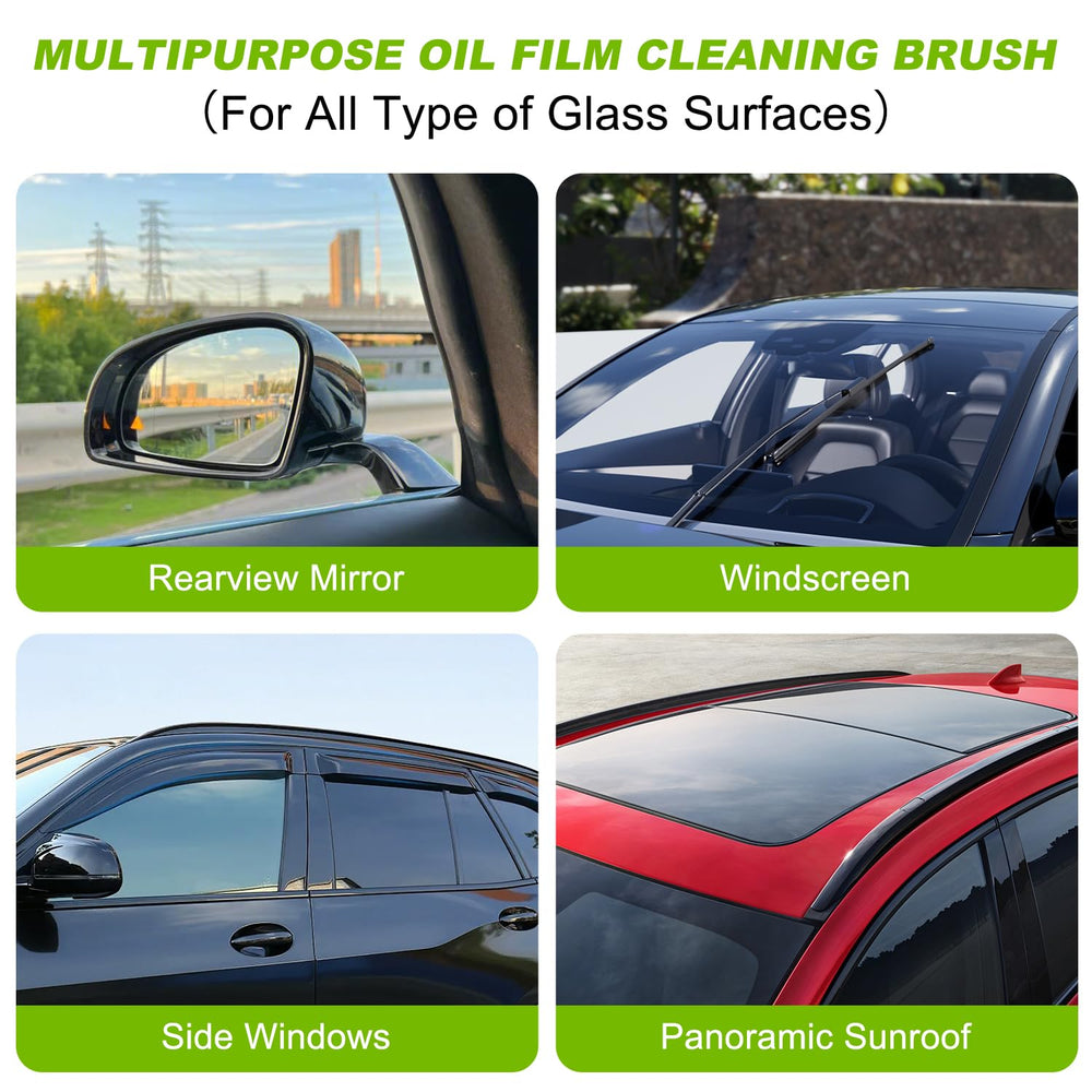 Viuvoiul in use on windshield demonstrating quick removal of oily film for safer driving