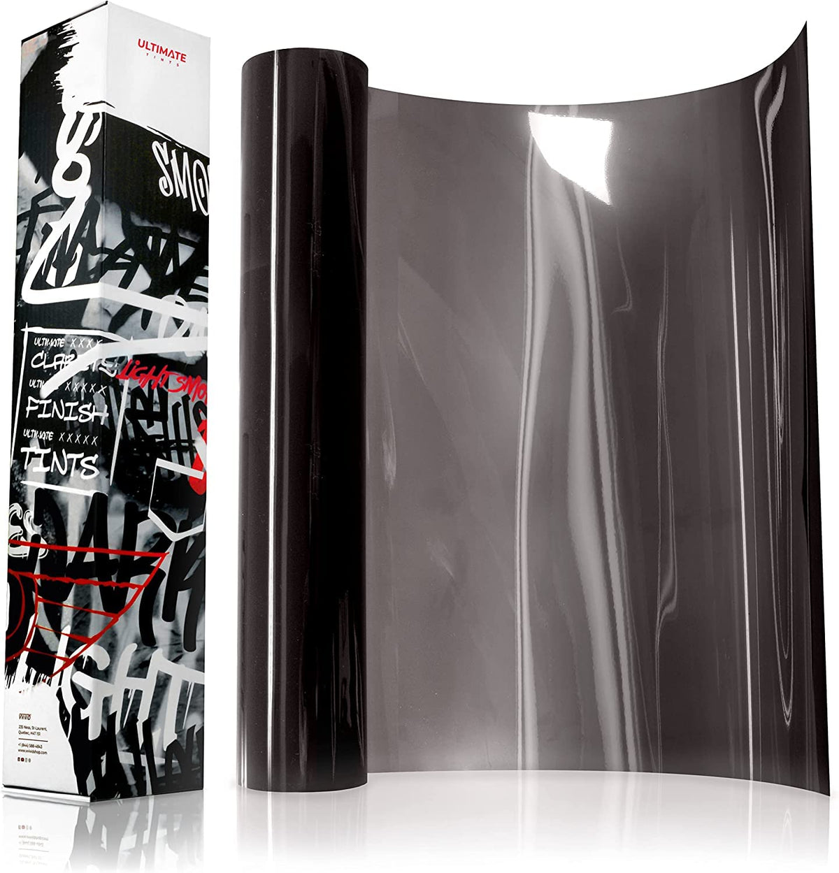 VViViD front packaging showing light smoke roll and dimensions, clear product ID
